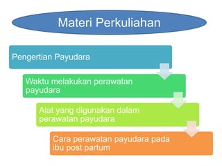 Materi Perkuliahan
Pengertian Payudara
Waktu melakukan perawatan
payudara

Alat yang digunakan dalam
perawatan payudara
Cara perawatan payudara pada
ibu post partum

 