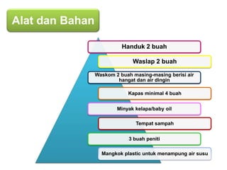 Alat dan Bahan
Handuk 2 buah
Waslap 2 buah
Waskom 2 buah masing-masing berisi air
hangat dan air dingin
Kapas minimal 4 buah
Minyak kelapa/baby oil
Tempat sampah
3 buah peniti
Mangkok plastic untuk menampung air susu

 