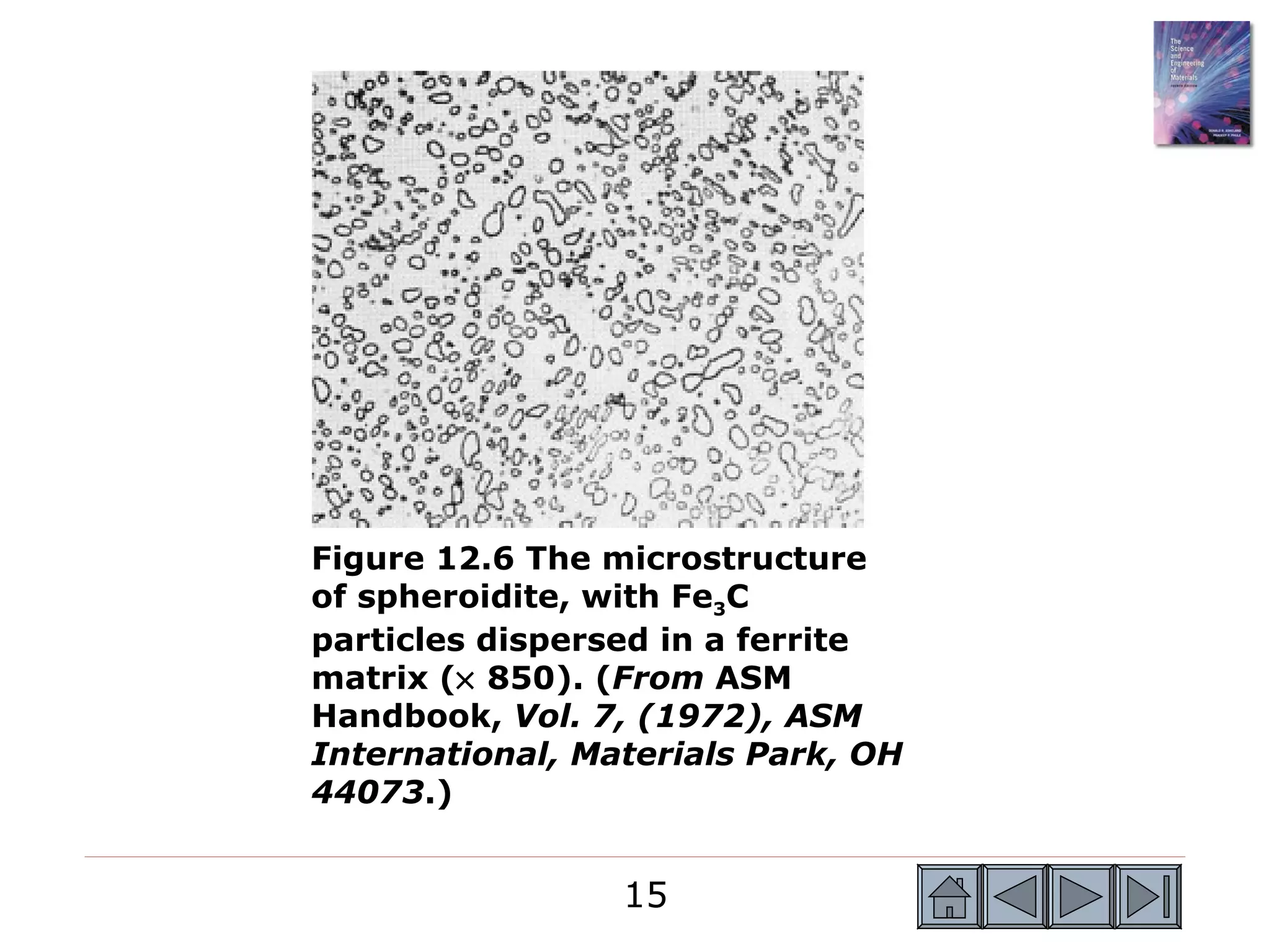 Figure 12.6 The microstructure
of spheroidite, with Fe3C
particles dispersed in a ferrite
matrix (× 850). (From ASM
Handbook, Vol. 7, (1972), ASM
International, Materials Park, OH
44073.)


                 15
 