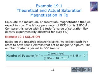 11
Calculate the maximum, or saturation, magnetization that we
expect in iron. The lattice parameter of BCC iron is 2.866 ...