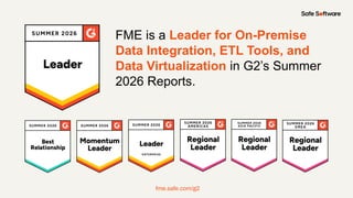 Presentation Title - Edit in Master
FME is a Leader for On-Premise
Data Integration, ETL Tools, and
Data Virtualization in G2’s Summer
2026 Reports.
fme.safe.com/g2
 