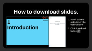 How to download slides.
1. Hover over the
slide deck in the
webinar room
2. Click download
button
 