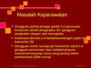 Masalah Keperawatan
 Gangguan perfusi jaringan perifer b.d penurunan
komponen seluler pengangkut O2, gangguan
pengikatan oksigen oleh hemoglobin
 Intoleransi aktivitas b.d ketidakseimbangan suplai dan
kebutuhan O2
 Gangguan nutrisi: kurang dari kebutuhan tubuh b.d
gangguan pencernaan atau ketidakmampuan
mencerna/menyerap nutrisi yang penting dalam
pembentukan SDM normal
03/05/16http://www.materi-x2.blogspot.co.id
 