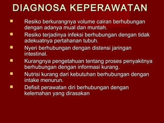 DIAGNOSA KEPERAWATAN
   Resiko berkurangnya volume cairan berhubungan
    dengan adanya mual dan muntah.
   Resiko terjadinya infeksi berhubungan dengan tidak
    adekuatnya pertahanan tubuh.
   Nyeri berhubungan dengan distensi jaringan
    intestinal.
   Kurangnya pengetahuan tentang proses penyakitnya
    berhubungan dengan informasi kurang.
   Nutrisi kurang dari kebutuhan berhubungan dengan
    intake menurun.
   Defisit perawatan diri berhubungan dengan
    kelemahan yang dirasakan
 
