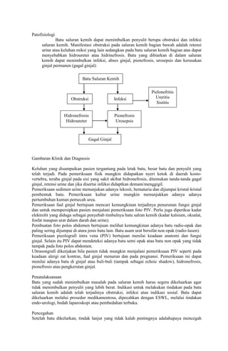 Patofisiologi
             Batu saluran kemih dapat menimbulkan penyulit berupa obstruksi dan infeksi
     saluran kemih. Manifestasi obstruksi pada saluran kemih bagian bawah adalah retensi
     urine atau keluhan miksi yang lain sedangkan pada batu saluran kemih bagian atas dapat
     menyebabkan hidroureter atau hidrinefrosis. Batu yang dibiarkan di dalam saluran
     kemih dapat menimbulkan infeksi, abses ginjal, pionefrosis, urosepsis dan kerusakan
     ginjal permanen (gagal ginjal)

                            Batu Saluran Kemih

                                                                   Pielonefritis
                      Obstruksi                Infeksi               Ureritis
                                                                      Sistitis

                  Hidronefrosis                Pionefrosis
                   Hidroureter                  Urosepsis



                                Gagal Ginjal



Gambaran Klinik dan Diagnosis

Keluhan yang disampaikan pasien tergantung pada letak batu, besar batu dan penyulit yang
telah terjadi. Pada pemeriksaan fisik mungkin didapatkan nyeri ketok di daerah kosto-
vertebra, teraba ginjal pada sisi yang sakit akibat hidronefrosis, ditemukan tanda-tanda gagal
ginjal, retensi urine dan jika disertai infeksi didaptkan demam/menggigil.
Pemeriksaan sedimen urine menunjukan adanya lekosit, hematuria dan dijumpai kristal-kristal
pembentuk batu. Pemeriksaan kultur urine mungkin menunjukkan adanya adanya
pertumbuhan kuman pemecah urea.
Pemeriksaan faal ginjal bertujuan mencari kemungkinan terjadinya penurunan fungsi ginjal
dan untuk mempersipkan pasien menjalani pemeriksaan foto PIV. Perlu juga diperiksa kadar
elektrolit yang diduga sebagai penyebab timbulnya batu salran kemih (kadar kalsium, oksalat,
fosfat maupun urat dalam darah dan urine).
Pembuatan foto polos abdomen bertujuan melihat kemungkinan adanya batu radio-opak dan
paling sering dijumpai di atara jenis batu lain. Batu asam urat bersifat non opak (radio-lusen).
Pemeriksaan pieolografi intra vena (PIV) bertujuan menilai keadaan anatomi dan fungsi
ginjal. Selain itu PIV dapat mendeteksi adanya batu semi opak atau batu non opak yang tidak
tampak pada foto polos abdomen.
Ultrasongrafi dikerjakan bila pasien tidak mungkin menjalani pemeriksaan PIV seperti pada
keadaan alergi zat kontras, faal ginjal menurun dan pada pregnansi. Pemeriksaan ini dapat
menilai adanya batu di ginjal atau buli-buli (tampak sebagai echoic shadow), hidronefrosis,
pionefrosis atau pengkerutan ginjal.

Penatalaksanaan
Batu yang sudah menimbulkan masalah pada saluran kemih harus segera dikeluarkan agar
tidak menimbulkan penyulit yang lebih berat. Indikasi untuk melakukan tindakan pada batu
saluran kemih adalah telah terjadinya obstruksi, infeksi atau indikasi sosial. Batu dapat
dikeluarkan melalui prosedur medikamentosa, dipecahkan dengan ESWL, melalui tindakan
endo-urologi, bedah laparoskopi atau pembedahan terbuka.

Pencegahan
Setelah batu dikelurkan, tindak lanjut yang tidak kalah pentingnya adalahupaya mencegah
 