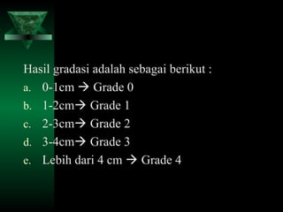 Hasil gradasi adalah sebagai berikut :
a. 0-1cm  Grade 0
b. 1-2cm Grade 1
c. 2-3cm Grade 2
d. 3-4cm Grade 3
e. Lebih dari 4 cm  Grade 4
 