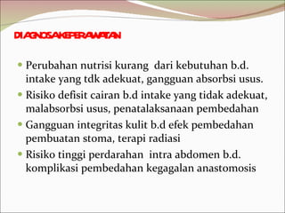 DIAGNOSA KEPERAWATAN Perubahan nutrisi kurang  dari kebutuhan b.d. intake yang tdk adekuat, gangguan absorbsi usus. Risiko defisit cairan b.d intake yang tidak adekuat, malabsorbsi usus, penatalaksanaan pembedahan Gangguan integritas kulit b.d efek pembedahan pembuatan stoma, terapi radiasi Risiko tinggi perdarahan  intra abdomen b.d. komplikasi pembedahan kegagalan anastomosis 