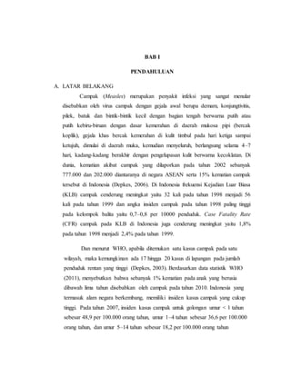 BAB I
PENDAHULUAN
A. LATAR BELAKANG
Campak (Measles) merupakan penyakit infeksi yang sangat menular
disebabkan oleh virus campak dengan gejala awal berupa demam, konjungtivitis,
pilek, batuk dan bintik-bintik kecil dengan bagian tengah berwarna putih atau
putih kebiru-biruan dengan dasar kemerahan di daerah mukosa pipi (bercak
koplik), gejala khas bercak kemerahan di kulit timbul pada hari ketiga sampai
ketujuh, dimulai di daerah muka, kemudian menyeluruh, berlangsung selama 4–7
hari, kadang-kadang berakhir dengan pengelupasan kulit berwarna kecoklatan. Di
dunia, kematian akibat campak yang dilaporkan pada tahun 2002 sebanyak
777.000 dan 202.000 diantaranya di negara ASEAN serta 15% kematian campak
tersebut di Indonesia (Depkes, 2006). Di Indonesia frekuensi Kejadian Luar Biasa
(KLB) campak cenderung meningkat yaitu 32 kali pada tahun 1998 menjadi 56
kali pada tahun 1999 dan angka insiden campak pada tahun 1998 paling tinggi
pada kelompok balita yaitu 0,7–0,8 per 10000 penduduk. Case Fatality Rate
(CFR) campak pada KLB di Indonesia juga cenderung meningkat yaitu 1,8%
pada tahun 1998 menjadi 2,4% pada tahun 1999.
Dan menurut WHO, apabila ditemukan satu kasus campak pada satu
wilayah, maka kemungkinan ada 17 hingga 20 kasus di lapangan pada jumlah
penduduk rentan yang tinggi (Depkes, 2003). Berdasarkan data statistik WHO
(2011), menyebutkan bahwa sebanyak 1% kematian pada anak yang berusia
dibawah lima tahun disebabkan oleh campak pada tahun 2010. Indonesia yang
termasuk alam negara berkembang, memiliki insiden kasus campak yang cukup
tinggi. Pada tahun 2007, insiden kasus campak untuk golongan umur < 1 tahun
sebesar 48,9 per 100.000 orang tahun, umur 1–4 tahun sebesar 36,6 per 100.000
orang tahun, dan umur 5–14 tahun sebesar 18,2 per 100.000 orang tahun
 