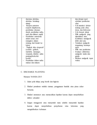 dan/atau aktivitas,
aktivitas berulang-
ulang)
- Respon autonom
(seperti diaphoresis,
perubahan tekanan
darah, perubahan nafas,
nadi dan dilatasi pupil)
- Perubahan autonomic
dalam tonus otot
(mungkin dalam
rentang dari lemah ke
kaku)
- Tingkah laku ekspresif
(contoh : gelisah,
merintih, menangis,
waspada, iritabel, nafas
panjang/berkeluh
kesah)
- Perubahan dalam nafsu
makan dan minum
dan derajat nyeri
sebelum pemberian
obat
- Cek instruksi dokter
tentang jenis obat,
dosis, dan frekwensi
- Cek riwayat alergi
- Pilih analgesik yang
diperlukan atau
kombinasi nanalgesik
lebih dari satu
- Tentukan analgesik
tergantung beratnya
nyeri
- Pilih rute pemberian
- Evaluasi efektivitas
analgesik tanda dan
gejala
- Berikan analgesik tepat
waktu
C. DISCHARGE PLANNING
Menurut NANDA 2015
1. Jalani pola hidup yang bersih dan higienis
2. Hindari penularan melalui ciuman, penggunaan handuk atau pisau cukur
bersama.
3. Hindari memencet atau memecahkan lepuhan karena dapat menyebabkan
infeksi sekunder
4. Jangan menggosok atau menyentuh mata sehabis menyentuh lepuhan
karena dapat menyebabkan penyebaran virus kekornea yang
mengakibatkan kebutaan
 