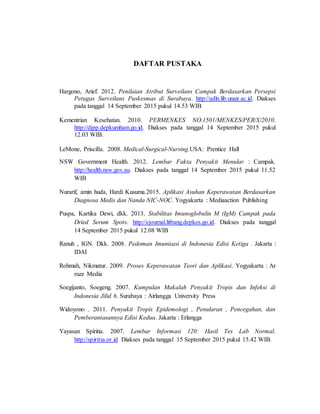 DAFTAR PUSTAKA
Hargono, Arief. 2012. Penilaian Atribut Surveilans Campak Berdasarkan Persepsi
Petugas Surveilans Puskesmas di Surabaya. http://adln.lib.unair.ac.id. Diakses
pada tanggal 14 September 2015 pukul 14.53 WIB
Kementrian Kesehatan. 2010. PERMENKES NO.1501/MENKES/PER/X/2010.
http://djpp.depkumham.go.id. Diakses pada tanggal 14 September 2015 pukul
12.03 WIB.
LeMone, Priscilla. 2008. Medical-Surgical-Nursing.USA: Prentice Hall
NSW Government Health. 2012. Lembar Fakta Penyakit Menular : Campak.
http://health.nsw.gov.au. Diakses pada tanggal 14 September 2015 pukul 11.52
WIB
Nurarif, amin huda, Hardi Kusuma.2015. Aplikasi Asuhan Keperawatan Berdasarkan
Diagnosa Medis dan Nanda NIC-NOC. Yogyakarta : Mediaaction Publishing
Puspa, Kartika Dewi, dkk. 2013. Stabilitas Imunoglobulin M (IgM) Campak pada
Dried Serum Spots. http://ejournal.litbang.depkes.go.id. Diakses pada tanggal
14 September 2015 pukul 12.08 WIB
Ranuh , IGN. Dkk. 2008. Pedoman Imunisasi di Indonesia Edisi Ketiga . Jakarta :
IDAI
Rohmah, Nikmatur. 2009. Proses Keperawatan Teori dan Aplikasi. Yogyakarta : Ar
ruzz Media
Soegijanto, Soegeng. 2007. Kumpulan Makalah Penyakit Tropis dan Infeksi di
Indonesia Jilid 6. Surabaya : Airlangga University Press
Widoyono . 2011. Penyakit Tropis Epidemologi , Penularan , Pencegahan, dan
Pemberantasannya Edisi Kedua. Jakarta : Erlangga
Yayasan Spiritia. 2007. Lembar Informasi 120: Hasil Tes Lab Normal.
http://spiritia.or.id Diakses pada tanggal 15 September 2015 pukul 15.42 WIB.
 