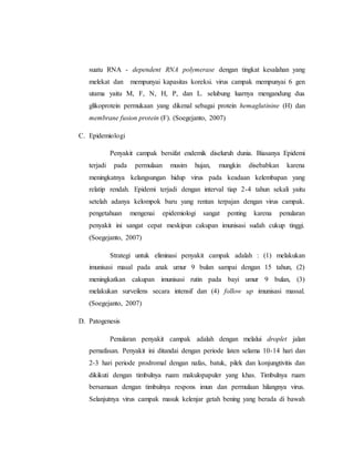 suatu RNA - dependent RNA polymerase dengan tingkat kesalahan yang
melekat dan mempunyai kapasitas koreksi. virus campak mempunyai 6 gen
utama yaitu M, F, N, H, P, dan L. selubung luarnya mengandung dua
glikoprotein permukaan yang dikenal sebagai protein hemaglutinine (H) dan
membrane fusion protein (F). (Soegejanto, 2007)
C. Epidemiologi
Penyakit campak bersifat endemik diseluruh dunia. Biasanya Epidemi
terjadi pada permulaan musim hujan, mungkin disebabkan karena
meningkatnya kelangsungan hidup virus pada keadaan kelembapan yang
relatip rendah. Epidemi terjadi dengan interval tiap 2-4 tahun sekali yaitu
setelah adanya kelompok baru yang rentan terpajan dengan virus campak.
pengetahuan mengenai epidemiologi sangat penting karena penularan
penyakit ini sangat cepat meskipun cakupan imunisasi sudah cukup tinggi.
(Soegejanto, 2007)
Strategi untuk eliminasi penyakit campak adalah : (1) melakukan
imunisasi masal pada anak umur 9 bulan sampai dengan 15 tahun, (2)
meningkatkan cakupan imunisasi rutin pada bayi umur 9 bulan, (3)
melakukan surveilens secara intensif dan (4) follow up imunisasi massal.
(Soegejanto, 2007)
D. Patogenesis
Penularan penyakit campak adalah dengan melalui droplet jalan
pernafasan. Penyakit ini ditandai dengan periode laten selama 10-14 hari dan
2-3 hari periode prodromal dengan nafas, batuk, pilek dan konjungtivitis dan
dikikuti dengan timbulnya ruam makulopapuler yang khas. Timbulnya ruam
bersamaan dengan timbulnya respons imun dan permulaan hilangnya virus.
Selanjutnya virus campak masuk kelenjar getah bening yang berada di bawah
 