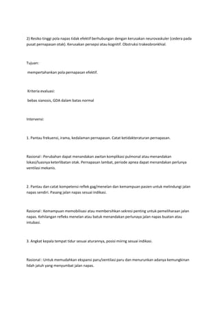 2) Resiko tinggi pola napas tidak efektif berhubungan dengan kerusakan neurovaskuler (cedera pada
pusat pernapasan otak). Kerusakan persepsi atau kognitif. Obstruksi trakeobronkhial.



Tujuan:

mempertahankan pola pernapasan efektif.



Kriteria evaluasi:

bebas sianosis, GDA dalam batas normal



Intervensi:



1. Pantau frekuensi, irama, kedalaman pernapasan. Catat ketidakteraturan pernapasan.



Rasional : Perubahan dapat menandakan awitan komplikasi pulmonal atau menandakan
lokasi/luasnya keterlibatan otak. Pernapasan lambat, periode apnea dapat menandakan perlunya
ventilasi mekanis.



2. Pantau dan catat kompetensi reflek gag/menelan dan kemampuan pasien untuk melindungi jalan
napas sendiri. Pasang jalan napas sesuai indikasi.



Rasional : Kemampuan memobilisasi atau membersihkan sekresi penting untuk pemeliharaan jalan
napas. Kehilangan refleks menelan atau batuk menandakan perlunaya jalan napas buatan atau
intubasi.



3. Angkat kepala tempat tidur sesuai aturannya, posisi miirng sesuai indikasi.



Rasional : Untuk memudahkan ekspansi paru/ventilasi paru dan menurunkan adanya kemungkinan
lidah jatuh yang menyumbat jalan napas.
 
