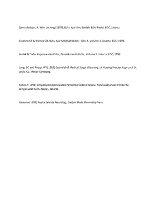 Sjamsuhidajat, R. Wim de Jong (1997), Buku Ajar Ilmu Bedah. Edisi Revisi. EGC, Jakarta.



Suzanne CS & Brenda GB. Buku Ajar Medikal Bedah . Edisi 8. Volume 3. Jakarta: EGC; 1999.



Hudak & Gallo. Keperawatan Kritis, Pendekatan Holistik , Volume II. Jakarta: EGC; 1996.



Long; BC and Phipps WJ (1985) Essential of Medical Surgical Nursing : A Nursing Process Approach St.
Louis. Cv. Mosby Company.



Asikin Z (1991) Simposium Keperawatan Penderita Cedera Kepala. Panatalaksanaan Penderita
dengan Alat Bantu Napas, Jakarta.



Harsono (1993) Kapita Selekta Neurologi, Gadjah Mada University Press
 