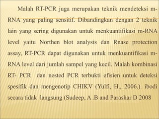 Malah RT-PCR juga merupakan teknik mendeteksi m-
RNA yang paling sensitif. Dibandingkan dengan 2 teknik
lain yang sering digunakan untuk menkuantifikasi m-RNA
level yaitu Northen blot analysis dan Rnase protection
assay, RT-PCR dapat digunakan untuk menkuantifikasi m-
RNA level dari jumlah sampel yang kecil. Malah kombinasi
RT- PCR dan nested PCR terbukti efisien untuk deteksi
spesifik dan mengenotip CHIKV (Yulfi, H., 2006.). ibodi
secara tidak langsung (Sudeep, A .B and Parashar D 2008
 