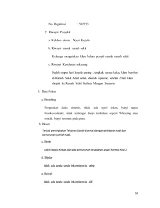 10
No. Registrasi : 502753
2. Riwayat Penyakit
a. Keluhan utama : Nyeri Kepala
b. Riwayat masuk rumah sakit
Keluarga mengatakan klien belum pernah masuk rumah sakit
c. Riwayat Kesehatan sekarang
Sudah empat hari kepala pusing , tengkuk terasa kaku, klien berobat
di Rumah Sakit Amal sehat, disuruh opname, setelah 2 hari klien
dirujuk ke Rumah Sakit Sudiran Mangun Sumarso
3. Data Fokus
a. Breathing
Pergerakan dada simetris, tidak ada nyeri tekan, bunyi napas
bronkovesikuler, tidak terdengar bunyi tambahan seperti Wheezing atau
ronchi, bunyi resonan pada paru.
b. Blood
Terjad peningkatanTekananDarahdisertai denganpelebarannadi dan
penurunanjumlahnadi.
c. Brain
sakitkepalahebat,danada penurunankesadaran,pupil normal nilai 2
d. Blader
tidak ada tanda tanda inkontinensia urine
e. Bowel
tidak ada tanda tanda inkontinensia alfi
 