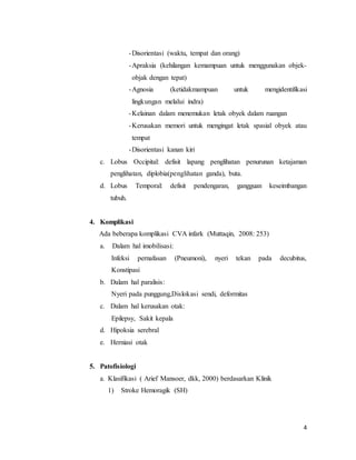 4
-Disorientasi (waktu, tempat dan orang)
-Apraksia (kehilangan kemampuan untuk menggunakan objek-
objak dengan tepat)
-Agnosia (ketidakmampuan untuk mengidentifikasi
lingkungan melalui indra)
-Kelainan dalam menemukan letak obyek dalam ruangan
-Kerusakan memori untuk mengingat letak spasial obyek atau
tempat
-Disorientasi kanan kiri
c. Lobus Occipital: defisit lapang penglihatan penurunan ketajaman
penglihatan, diplobia(penglihatan ganda), buta.
d. Lobus Temporal: defisit pendengaran, gangguan keseimbangan
tubuh.
4. Komplikasi
Ada beberapa komplikasi CVA infark (Muttaqin, 2008: 253)
a. Dalam hal imobilisasi:
Infeksi pernafasan (Pneumoni), nyeri tekan pada decubitus,
Konstipasi
b. Dalam hal paralisis:
Nyeri pada punggung,Dislokasi sendi, deformitas
c. Dalam hal kerusakan otak:
Epilepsy, Sakit kepala
d. Hipoksia serebral
e. Herniasi otak
5. Patofisiologi
a. Klasifikasi ( Arief Mansoer, dkk, 2000) berdasarkan Klinik
1) Stroke Hemoragik (SH)
 