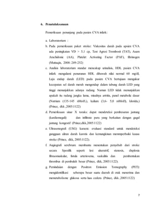 7
6. Penatalaksanaan
Pemeriksaan penunjang pada pasien CVA infark:
a. Laboratorium :
b. Pada pemeriksaan paket stroke: Viskositas darah pada apsien CVA
ada peningkatan VD > 5,1 cp, Test Agresi Trombosit (TAT), Asam
Arachidonic (AA), Platelet Activating Factor (PAF), fibrinogen
(Muttaqin, 2008: 249-252)
c. Analisis laboratorium standar mencakup urinalisis, HDL pasien CVA
infark mengalami penurunan HDL dibawah nilai normal 60 mg/dl,
Laju endap darah (LED) pada pasien CVA bertujuan mengukur
kecepatan sel darah merah mengendap dalam tabung darah LED yang
tinggi menunjukkan adanya radang. Namun LED tidak menunjukkan
apakah itu radang jangka lama, misalnya artritis, panel metabolic dasar
(Natrium (135-145 nMol/L), kalium (3,6- 5,0 mMol/l), klorida,)
(Prince, dkk ,2005:1122)
d. Pemeriksaan sinar X toraks: dapat mendeteksi pembesaran jantung
(kardiomegali) dan infiltrate paru yang berkaitan dengan gagal
jantung kongestif (Prince,dkk,2005:1122)
e. Ultrasonografi (USG) karaois: evaluasi standard untuk mendeteksi
gangguan aliran darah karotis dan kemungkinan memmperbaiki kausa
stroke (Prince, dkk, 2005:1122).
f. Angiografi serebrum: membantu menentukan penyebab dari stroke
secara Spesifik seperti lesi ulseratrif, stenosis, displosia
fibraomuskular, fistula arteriovena, vaskulitis dan pembentukan
thrombus di pembuluh besar (Prince, dkk, 2005:1122).
g. Pemindaian dengan Positron Emission Tomography (PET):
mengidentifikasi seberapa besar suatu daerah di otak menerima dan
memetabolisme glukosa serta luas cedera (Prince, dkk ,2005:1122)
 