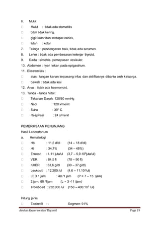 Asuhan Keperawatan Thypoid Page 19
6. Mulut
Mulut : tidak ada stomatitis
bibir tidak kering.
gigi: kotor dan terdapat caries,
lidah : kotor
7. Telinga : pendengaran baik, tidak ada serumen.
8. Leher : tidak ada pembesaran kelenjar thyroid.
9. Dada : simetris, pernapasan vesikuler.
10. Abdomen : nyeri tekan pada epigastrium.
11. Ekstremitas :
atas : tangan kanan terpasang infus dan aktifitasnya dibantu oleh keluarga.
bawah : tidak ada lesi
12. Anus : tidak ada haemorroid.
13. Tanda - tanda Vital :
Tekanan Darah: 120/80 mmHg
Nadi : 120 x/menit
Suhu : 39° C
Respirasi : 24 x/menit
PEMERIKSAAN PENUNJANG
Hasil Laboratorium
a. Hematologi
Hb : 11,6 d/dl (14 – 18 d/dl)
Ht : 34,7% (34 – 48%)
Entrosit : 4,11 juta/uI (3,7 – 5,9.106juta/uI)
VER : 84,5 fl (78 – 90 fl)
KHER : 33,6 g/dl (30 – 37 g/dl)
Leukosit : 12.200 /uI (4,6 – 11.103/uI)
LED 1 jam : 40 /1 jam (P = 7 – 15 /jam)
2 jam: 80 /1jam (L = 3 -11 /jam)
Trombosit : 232.000 /uI (150 – 400.103 /uI)
Hitung jenis
Eosinofil : - Segmen: 91%
 