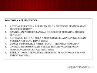 DIAGNOSA KEPERAWATAN
1. KETIDAK EFEKTIFAN BERSIHAN JALAN NAFAS S/D PENINGKATAN
PRODUKSI SEKRAT
2. GANGGUAN PERTUKARAN GAS S/D SEKRESI TERTAHAN PROSES
PENYAKIT
3. KETIDAK EFEKTIFAN POLA NAPAS S/D KELELAHAN, PENGESETAN
VENTILATOR YANG TIDAK TEPAT
4. CEMAS S/D PENYAKIT KRITIS, TAKUT TERHADAP KEMATIAN
5. GANGGUAN KOMUNIKASI VERBAL SEHUBUNGAN DENGAN
PEMASANGAN ENDOTRACHEAL TUBE
6. RESIKO TINGGI TERJADINYA INFEKSI S/D PEMASANGAN SELANG
ENDO TRACHEAL
 