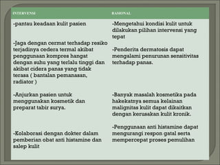 INTERVENSI 

RASIONAL

-pantau keadaan kulit pasien

-Mengetahui kondisi kulit untuk
dilakukan pilihan intervensi yang
tepat

-Jaga dengan cermat terhadap resiko
terjadinya cedera termal akibat
-Penderita dermatosis dapat
penggunaan kompres hangat
mengalami penurunan sensitivitas
dengan suhu yang terlalu tinggi dan terhadap panas.
akibat cidera panas yang tidak
terasa ( bantalan pemanasan,
radiator )
-Anjurkan pasien untuk
menggunakan kosmetik dan
preparat tabir surya.

-Kolaborasi dengan dokter dalam
pemberian obat anti histamine dan
salep kulit

-Banyak masalah kosmetika pada
hakekatnya semua kelainan
malignitas kulit dapat dikaitkan
dengan kerusakan kulit kronik.
-Penggunaan anti histamine dapat
mengurangi respon gatal serta
mempercepat proses pemulihan

 