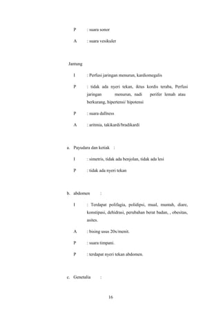 P : suara sonor
A : suara vesikuler
Jantung
I : Perfusi jaringan menurun, kardiomegalis
P : tidak ada nyeri tekan, iktus kordis teraba, Perfusi
jaringan menurun, nadi perifer lemah atau
berkurang, hipertensi/ hipotensi
P : suara dallness
A : aritmia, takikardi/bradikardi
a. Payudara dan ketiak :
I : simetris, tidak ada benjolan, tidak ada lesi
P : tidak ada nyeri tekan
b. abdomen :
I : Terdapat polifagia, polidipsi, mual, muntah, diare,
konstipasi, dehidrasi, perubahan berat badan, , obesitas,
asites.
A : bising usus 20x/menit.
P : suara timpani.
P : terdapat nyeri tekan abdomen.
c. Genetalia :
16
 