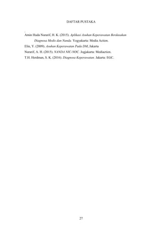 DAFTAR PUSTAKA
.
Amin Huda Nurarif, H. K. (2015). Aplikasi Asuhan Keperawatan Berdasakan
Diagnosa Medis dan Nanda. Yogyakarta: Media Action.
Elin, Y. (2009). Asuhan Keperawatan Pada DM, Jakarta
Nurarif, A. H. (2015). NANDA NIC-NOC. Jogjakarta: Mediaction.
T.H. Herdman, S. K. (2016). Diagnosa Keperawatan. Jakarta: EGC.
27
 