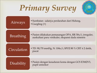 
•Sumbatan : adanya perdarahan dari Hidung,
•Gurgling (+)
Airways
•Pasien dilakukan pemasangan OPA, RR 30x/i, irreguler,
auskultasi paru vesikuler, ekspansi dada simetris
Breathing
•TD: 90/70 mmHg, N: 104x/i, SPO2 80 % CRT ≤ 2 detik,
pucat
Circulation
•Pasien dengan kesadaran koma dengan GCS E3M2V3,
pupil unisokor
Disability
Primary Survey
 