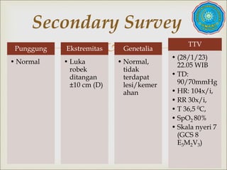
Secondary Survey
Punggung
• Normal
Ekstremitas
• Luka
robek
ditangan
±10 cm (D)
Genetalia
• Normal,
tidak
terdapat
lesi/kemer
ahan
TTV
• (28/1/23)
22.05 WIB
• TD:
90/70mmHg
• HR: 104x/i,
• RR 30x/i,
• T 36,5 0C,
• SpO2 80%
• Skala nyeri 7
(GCS 8
E3M2V3)
 