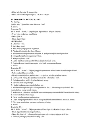 - Klien istirahat total di tempat tidur
- Skala aktivitas ketergantungan 2 2-8-2011 4-8-2011
XI. INTERVENSI KEPERAWATAN
No Hari/tgl/
jam Dx.Kep Tujuan Intervensi Rasional Paraf
1. Selasa,
2 Agustus 2011
19.10 WITA Dalam 2 x 24 jam nyeri dapat teratasi dengan kriteria :
- Nyeri klien berkurang atau hilang
- Skala nyeri 0
- Klien dapat relaks
- KU klien baik
1. Observasi TTV.
2. Kaji skala nyeri.
3. Atur posisi yang nyaman bagi klien.
4. Ajarkan teknik distraksi dan reklasasi.
5. Kolaborasi dalam pemberian analgetik. 1. Mengetahui perkembangan klien.
2. Mengetahui perkembangan nyeri klien.
3. Mengurangi rasa nyeri.
4. Dapat membuat klien jadi lebih baik dan melupakan nyeri.
5. Analgetik dapat memblok reseptor nyeri pada susunan saraf pusat.
2. Selasa,
2 Agustus 2011
19.10 WITA Dalam 2 x 24 jam gangguan pemenuhan nutrisi dapat teratasi dengan kriteria :
- Nafsu makan klien membaik.
- BB klien menunjukkan peningkatan. 1. Anjurkan istirahat sebelum makan.
2. Dorong tirah baring dan pembatasan aktivitas selama fase akut.
3. Anjurkan makan sedikit demi sedikit tapi sering.
4. Beri makanan selagi hangat.
5. Hindari makanan yang menimbulkan gas.
6. Kolaborasi dengan ahli gizi dalam pemberian diet. 1. Menenangkan peristaltik dan
meningkatkan energi untuk makan.
2. Menurunkan kebutuhan metabolik untuk mencegah penurunan kalori dan simpanan energi.
3. Memenuhi kebutuhan energi.
4. Dapat membangkitkan nafsu makan.
5. Dapat mempengaruhi nafsu makan atau pencernaan dan membatasi masukan nutrisi.
6. Diet yang sesuai dapat mempercepat penyembuhan.
3. Selasa,
2 Agustus 2011
19.10 WITA Dalam 2 x 24 jam perawatan klien dapat beraktivitas dengan kriteria :
- Klien dapat beraktivitas tanpa bantuan.
- Skala aktivitas 1-0. 1. Observasi sejauh mana klien bisa melakukan aktivitas.
2. Jelaskan pentingnya beraktivitas bagi klien.

 