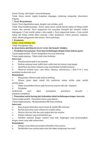 Gejala: Pusing, sakit kepala, terasa berdengung.
Tanda: Status mental, tingkat kesadaran terganggu, cenderung mengantuk, disorientasi,
bingung.
7. Nyeri /Kenyamanan.
Gejala: Nyeri digambarkan tajam, dangkal, rasa terbakar, perih
Tanda: Rasa ketidaknyamanan / distres samar-samar setelah banyak makan & hilang setelah
minum obat antasida. Nyeri epigastrium kiri menyebar ketengah dan menjalar tembus
kepinggang 1-2 jam setelah makan ( ulkus peptik ). Nyeri epigastrium kanan ± 4 jam setelah
makan dan hilang setelah diberi antasida ( ulkus doudenum). Faktor pencetus, makanan,
rokok, alkohol penggunaan obat tertentu. Stress psikologis.
8. Keamanan.
Gejala: Alergi terhadap obat.
Tanda: Peningkatan suhu.
B. DIAGNOSA KEPERAWATAN YANG MUNGKIN TIMBUL
1. Perubahan kenyamanan; Nyeri akut berhubungan dengan iritasi mukosa gaster.
Tujuan jangka pendek : Pasien mengatakan rasa nyeri berkurang.
Tujuan jangka panjang : Tidak terjadi iritasi berlanjut.
Intervensi:
a.
Puasakan pasien pada 6 jam pertama.
b.
Berikan makanan lunak sedikit demi sedikit dan beri minum yang hangat.
c.
Identifikasi dan batasi makanan yang menimbulkan ketidaknyamanan.
d.
Observasi keluhan nyeri, catat lokasi, lamanya, intensitasnya, ( skala 0-10 ), serta
perubahan karakteristik nyeri.
Rasionalisasi.
a.
Mengurangi inflamasi pada mukosa lambung.
b.
Dilatasi gaster dapat terjadi bila pemberian makan terlalu cepat setelah
periode puasa.
c.
Dapat menyebabkan distres pada bermacam-macam individu / dispepsia.
d.
Perubahan
karakteristik
nyeri
dapat
menunjukan
penyebaran
penyakit
/
terjadinya komplikasi.
2. Pemenuhan nutrisi kurang dari kebutuhan tubuh berhubungan dengan Anorexia.
Tujuan jangka pendek : Pemasukan nutrisi yang adekuat.
Tujuan jangka panjang : Mempertahankan BB tetap seimbang.
Intervensi:
a.
Buat program kebutuhan nutrisi harian & standar BB minimum.
b.
Berikan perawatan mulut sebelum & sesudah makan.
c.
Monitor aktivitas fisik dan catat tingkat aktivitas tersebut.
d.
Hindari makanan yang menimbulkan gas.
e.
Sediakan makanan dengan ventilasi yang baik, lingkungan yang menyenangkan,
dengan situasi yang tidak terburu-buru.
Rasionalisasi.
a.
Sebagai acuan dalam pemenuhan kebutuhan nutrisi pasien.
b.
Memberikan rasa nyaman pada mulut dan dapat mengurangi rasa mual.

 