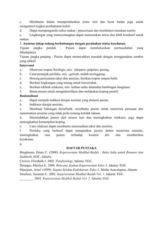 c.
Membantu dalam mempertahankan tonus otot dan berat badan juga untuk
mengontrol tingkat pembakaran kalori.
d.
Dapat mempengaruhi nafsu makan / pencernaan dan membatasi masukan nutrisi.
e.
Lingkungan yang mennyenangkan dapat menurunkan stress dan lebih kondusif untuk
makan.
3. Ansietas tahap sedang berhubungan dengan perubahan status kesehatan.
Tujuan jangka pendek : Pasien dapat mendiskusikan permasalahan yang
dihadapinya.
Tujuan jangka panjang : Pasien dapat memecahkan masalah dengan menggunakan sumber
yang efektif.
Intervensi
a.
Observasi respon fisiologis, mis : takipnoe, palpitasi, pusing.
b.
Catat petunjuk perilaku, mis : gelisah, midah tersinggung.
c.
Dorong pernyataan takut dan ansietas, berikan respon umpan balik.
d.
Berikan lingkungan yang tenang untuk beristirahat.
e.
Berikan tekhnik relaksasi, mis: latihan nafas dalamdan bimbingan imaginasi.
f.
Bantu pasien untuk mengidentifikasi dan melakukan koping positif.
Rasionalisasi
a.
Dapat menjadi indikasi derajat ansietas yang dialami pasien.
b.
Indikator derajat ansietas.
c.
Membuat hubungan therafiutik, membantu pasien untuk menerima perasaan dan
menurunkan ansietas yang tidak perlu tentang ketidak tahuan.
d.
Memindahkan pasien dari stresor luar dan meningkatkan relaksasi, juga dapat
meningkatkan ketrampilan koping.
e.
Cara relaksasi dapat membantu menurunkan takut dan ansietas.
f.
Perilaku yang berhasil dapat menguatkan pasien dalam menerima ansietas,
meningkatkan
rasa
pasien
terhadap
kontrol
diri
dan
memberikan
keyakinan.
g.
DAFTAR PUSTAKA
Baughman, Diane C. (2000). Keperawatan Medikal-Bedah ; Buku Saku untuk Brunner dan
Suddarth, EGC, Jakarta.
Crowin, Elizabeth J. 2002. Patofisiologi. Jakarta: EGC.
Doenges, Marilyn E. 2000. Rencana Asuhan Keperawatan Edisi 3. Jakarta: EGC.
Mansjoer, Arief. (1999). Kapita Selekta Kedokteran, Edisi 3, Media Aesculapius; Jakarta
Smeltzer, Suzanne C. 2002. Keperawatan Medikal Bedah Vol. 1. Jakarta: EGC.
________. 2002. Keperawatan Medikal Bedah Vol. 2. Jakarta: EGC.

 
