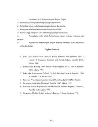  Intolerance activity berhubungan dengan fatigue.
 Intolerance activity berhubungan dengan kelemahan.
 Kelebihan cairan berhubungan dengan oliguria dan anuria.
 Gangguan pola tidur berhubungan dengan imobilisasi
 Resiko tinggi integritas kulit berhubungan dengan imobilisasi.
 Peningkatan suhu tubuh berhubungan reaksi radang, pelepasan zat
pirogen.
 Kecemasan berhubungan dengan kurang informasi akan perubahan
status kesehatan.
Daftar Pustaka
1. Buku Ajar Keperawatan Medical Bedah, Brunner and Suddarth edisi 8
volume 2, Sozannie, Smeltzer and Brenda.E.Bare, penerbit EGC,
Jakarta 2002.
2. Patofisiologi, Konsep Klinis Proses-Proses Penyakit buku 2 edisi 4, Penerbit
EGC, Jakarta 1995.
3. Buku saku Keperawatan Pediatri, Cecily L.Betz dan Linda A. Sowden, Edisi
3, Penerbit EGC Jakarta 2002.
4. Pedoman Praktek Keperawatan, Sandra M.Nettina, Penerbit EGC, Jakarta.
5. Perawatan Anak Sakit, Ngastiyah, Penerbit EGC, Jakarta 1997.
6. Rencana Asuhan Keperawatan Medikal-Bedah, Barbara Engram, Volume I,
Penerbit EGC, Jakarta 1998.
7. Perawatan Medikal Bedah, Volume 3, Barbara C. Long, Bandung 1996.
xix
 