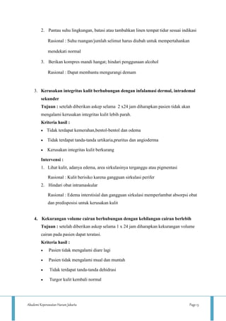 Akademi Keperawatan Harum Jakarta Page 13
2. Pantau suhu lingkungan, batasi atau tambahkan linen tempat tidur sesuai indikasi
Rasional : Suhu ruangan/jumlah selimut harus diubah untuk mempertahankan
mendekati normal
3. Berikan kompres mandi hangat; hindari penggunaan alcohol
Rasional : Dapat membantu mengurangi demam
3. Kerusakan integritas kulit berhubungan dengan infalamasi dermal, intrademal
sekunder
Tujuan : setelah diberikan askep selama 2 x24 jam diharapkan pasien tidak akan
mengalami kerusakan integritas kulit lebih parah.
Kriteria hasil :
 Tidak terdapat kemerahan,bentol-bentol dan odema
 Tidak terdapat tanda-tanda urtikaria,pruritus dan angioderma
 Kerusakan integritas kulit berkurang
Intervensi :
1. Lihat kulit, adanya edema, area sirkulasinya terganggu atau pigmentasi
Rasional : Kulit berisiko karena gangguan sirkulasi perifer
2. Hindari obat intramaskular
Rasional : Edema interstisial dan gangguan sirkulasi memperlambat absorpsi obat
dan predisposisi untuk kerusakan kulit
4. Kekurangan volume cairan berhubungan dengan kehilangan cairan berlebih
Tujuan : setelah diberikan askep selama 1 x 24 jam diharapkan kekurangan volume
cairan pada pasien dapat teratasi.
Kriteria hasil :
 Pasien tidak mengalami diare lagi
 Pasien tidak mengalami mual dan muntah
 Tidak terdapat tanda-tanda dehidrasi
 Turgor kulit kembali normal
 