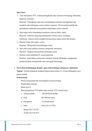 Akademi Keperawatan Harum Jakarta Page 14
Intervensi :
1. Ukur dan pantau TTV, contoh peningakatan suhu/ demam memanjang, takikardia,
hipotensi ortostatik.
Rasional : Peningkatan suhu atau memanjangnya demam meningkatkan laju
metabolic dan kehilangan cairan melalui evaporasi. TD ortostatik berubah dan
peningkatan takikardia menunjukkan kekurangan cairan sistemik.
2. Kaji turgor kulit, kelembaban membrane mukosa (bibir, lidah).
Rasional : Indicator langsung keadekuatan volume cairan, meskipun
membrane mukosa mulut mungkin kering karena napas mulut dan oksigen.
3. Monitor intake dan output cairan
Rasional : Mengetahui keseimbangan cairan
4. Beri obat sesuai indikasi misalnya antipiretik, antiemetic.
Rasional : Berguna menurunkan kehilangan cairan
5. Berikan cairan tambahan IV sesuai keperluan
Rasional : pada adanya penurunan masukan/ banyak kehilangan, penggunaan
parenteral dapat memperbaiki atau mencegah kekurangan.
5. Nyeri akut berhubungan dengan agen cedera biologi ( alergen,ex: makanan).
Tujuan : Setelah dilakukan tindakan keperawatan selama 2 x 24 jam diharapkan nyeri
pasien teratasi
kriteria hasil :
- Pasien menyatakan dan menunjukkan nyerinya hilang
- Wajah tidak meringis
- Skala nyeri 0
- Hasil pengukuran TTV dalam batas normal, TTV normal yaitu :
 Tekanan darah : 140-90/90-60 mmHg
 Nadi : 60-100 kali/menit
 Pernapasan : 16-20 kali/menit
 Suhu : Oral (36,1-37,50
C)
Rektal (36,7-38,10
C)
Axilla (35,5-36,40
C)
 