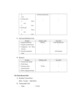 b.
Cara
3. Gunting kuku
a. Frekw
ensi
b. Cara
4. Gosok gigi
a. Frekw
ensi
b. Cara
memakai gunting kuku
-
-
-
-
-
G. Aktivitas/Mobilitas Fisik
Kondisi Sebelum sakit Saat Sakit
1. Kegiatan sehari-hari
2. Pengaturan jadual harian
4. Penggunaan alat Bantu
aktivitas
4. Kesulitan pergerakan
tubuh
Bermain
-
-
-
Tidur ditempat tidur
-
-
Aktif bergerak
H. Rekreasi
Kondisi Sebelum sakit Saat Sakit
1. Perasaan saat sekolah
2. Waktu luang
3. Perasaan setelah
rekreasi/bermain
4. Waktu senggang keluarga
-
-
Senang
-
-
-
-
-
XI. Pemeriksaan Fisik
A. Keadaan Umum Klien
Baik  Lemah - Sakit Berat
B. Tanda-tanda Vital
- Suhu : 37,5oC
 