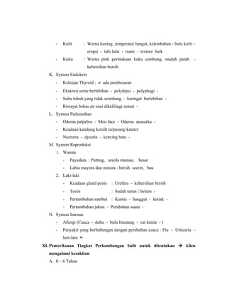 - Kulit : Warna kuning, temperatur hangat, kelembaban - bulu kulit –
erupsi - tahi lalat - ruam - texture baik
- Kuku : Warna pink permukaan kuku cembung, mudah patah -
kebersihan bersih
K. System Endokrin
- Kelenjar Thyroid : ≠ ada pembesaran
- Ekskresi urine berlebihan - polydipsi - polyphagi -
- Suhu tubuh yang tidak seimbang - keringat berlebihan -
- Riwayat bekas air seni dikelilingi semut -
L. System Perkemihan
- Odema palpebra - Moo face - Odema anasarka -
- Keadaan kandung kemih terpasang kateter
- Nocturia - dysuria - kencing batu -
M. System Reproduksi
1. Wanita
- Payudara : Putting, areola mamae, besar
- Labia mayora dan minora : bersih secret, bau
2. Laki-laki
- Keadaan gland penis : Urethra - kebersihan bersih
- Testis : Sudah turun  belum -
- Pertumbuhan rambut : Kumis - hanggut - ketiak -
- Pertumbuhan jakun - Perubahan suara -
N. System Imrnun
- Allergi (Cuaca - dubu - bulu binatang - zat kimia - )
- Penyakit yang berhubungan dengan perubahan cuaca : Flu - Urticaria -
lain-lain ≈
XI. Pemeriksaan Tingkat Perkembangan Sulit untuk ditentukan  klien
mengalami kesakitan
A. 0 – 6 Tahun
 
