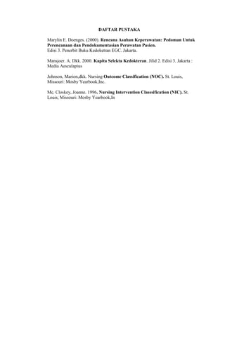 DAFTAR PUSTAKA
Marylin E. Doenges. (2000). Rencana Asuhan Keperawatan: Pedoman Untuk
Perencanaan dan Pendokumentasian Perawatan Pasien.
Edisi 3. Penerbit Buku Kedoketran EGC. Jakarta.
Mansjoer. A. Dkk. 2000. Kapita Selekta Kedokteran. Jilid 2. Edisi 3. Jakarta :
Media Aesculapius
Johnson, Marion,dkk. Nursing Outcome Classification (NOC). St. Louis,
Missouri: Mosby Yearbook,Inc.
Mc. Closkey, Joanne. 1996. Nursing Intervention Classsification (NIC). St.
Louis, Missouri: Mosby Yearbook,In

 