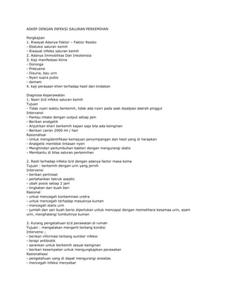 ASKEP DENGAN INFEKSI SALURAN PERKEMIHAN
Pengkajian
1. Riwayat Adanya Faktor – Faktor Resiko
- Ebstuksi saluran kemih
- Riwayat infeles saluran kemih
2. Adanya Immobilitas Dan Inkotenisia
3. Kaji manifestasi klinis
- Doronga
- Prekuensi
- Disuria, bau urin
- Nyeri supra pubis
- demam
4. kaji perasaan khen terhadap hasil dan tindakan
Diagnosa Keperawatan
1. Nyeri b/d infeksi saluran kemih
Tujuan
- Tidak nyeri waktu berkemih, tidak ada nyeri pada saat dipalpasi daerah pinggul
Intervansi
- Pantau intake dengan output setiap jam
- Berikan analgetik
- Anjutrkan kheri berkemih kapan saja bila ada keinginan
- Berikan cairan 2900 ml / hari
Rasionalisai
- Untuk mengidentifikasi kemajuan penyimpangan dan hasil yang di harapkan
- Analgetik memblok lintasan nyeri
- Menghindari pertumbuhan bakteri dengan mengurangi statis
- Membantu di bilas saluran perkemihan
2. Resti terhadap infeksi b/d dengan adanya factor masa koma
Tujuan : berkemih dengan urin yang jernih
Intervensi
- berikan pertineal
- pertahankan tekruk aseptic
- ubah posisi setiap 2 jam
- tingkatan dari buah beri
Rasional
- untuk mencegah kontaminasi uretra
- untuk mencegah terhadap masuknya kuman
- mencegah statis urin
- jumlah dan sari buah berisi diperlukan untuk mencapai dengan memelihara kesamaa urin, asam
urin, menghalangi tumbuhnya kuman
3. Kurang pengetahuan b/d perawatan di rumah
Tujuan : mengatakan mengerti tentang kondisi
Intervensi ;
- berikan informasi tentang sumber infeksi
- terapi antibiotik
- sarankan untuk berkemih sesuai keinginan
- berikan kesempatan untuk mengungkapkan perawatan
Rasionalisasi
- pengetahuan yang di dapat mengurangi ansietas
- mencegah infeksi menyebar
 
