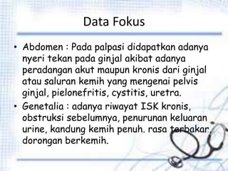 Data Fokus
• Abdomen : Pada palpasi didapatkan adanya
nyeri tekan pada ginjal akibat adanya
peradangan akut maupun kronis dari ginjal
atau saluran kemih yang mengenai pelvis
ginjal, pielonefritis, cystitis, uretra.
• Genetalia : adanya riwayat ISK kronis,
obstruksi sebelumnya, penurunan keluaran
urine, kandung kemih penuh. rasa terbakar,
dorongan berkemih.
 