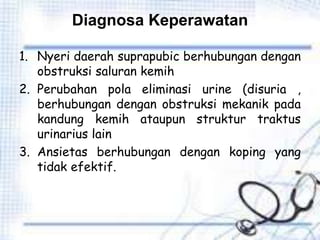 Diagnosa Keperawatan
1. Nyeri daerah suprapubic berhubungan dengan
obstruksi saluran kemih
2. Perubahan pola eliminasi urine (disuria ,
berhubungan dengan obstruksi mekanik pada
kandung kemih ataupun struktur traktus
urinarius lain
3. Ansietas berhubungan dengan koping yang
tidak efektif.
 