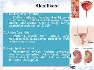 Klasifikasi
1. Kandung kemih (sistitis)
Sistitis (inflamasi kandung kemih) yang
paling sering disebabkan oleh menyebarnya
infeksi dari uretra, Sistitis paling sering
disebabkan oleh bakteri E. Coli
2. Uretra (uretritis)
Uretritis adalah suatu infeksi yang
menyebar naik. paling sering disebabkan oleh
neisseria gonorrhoe
3. Ginjal (pielonefritis)
Pielonefritis infeksi traktus urinarius
atas merupakan infeksi bakteri pada ginjal,
tubulus dan jaringan intertisial dari salah
satu atau kedua ginjal
 