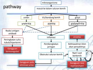 pathway
mikroorganisme
masuk ke dalam saluran kemih
ureter VU/kandung kemih ginjal
sistitisuretritis pielonefritis
Reaksi antigen
antibodi
Peningkatan suhu
tubuh/hipertermi
Gangguan
termoregulasi
Inflamasi
Pembengkakan
jaringan
Obstruksi saluran kemih
Gangguan pola
eliminasi urine
Nyeri saat
berkemih
Gangguan rasa
nyaman/nyeri
ansietas
Kekhawatiran klien
akan penyakitnya
 