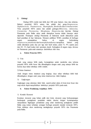 4
2. Etiologi
Etiologi ISPA terdiri dari lebih dari 300 jenis bakteri, virus dan richetsia.
Bakteri penyebab ISPA antara lain adalah dari genus Streptococcus,
Staphylococcus, Pneumococcus, Haemophylus, Bordetella dan Corinebacterium.
Virus penyebab ISPA antara lain adalah golongan Miksovirus, Adenovirus,
Coronavirus, Picornavirus, Micoplasma, Herpesvirus dan lain-lain. Etiologi
Pneumonia pada Balita sukar untuk ditetapkan karena dahak biasanya sukar
diperoleh. Penetapan etiologi Pneumonia di Indonesia masih didasarkan pada
hasil penelitian di luar Indonesia. Menurut publikasi WHO, penelitian di berbagai
negara menunjukkan bahwa di negara berkembang
streptococcus pneumonia dan haemophylusinfluenza merupakan bakteri yang
selalu ditemukan pada dua per tiga dari hasil isolasi, yakni 73, 9% aspirat paru
dan 69, 1% hasil isolasi dari spesimen darah. Sedangkan di negara maju, dewasa
ini Pneumonia pada anak umumnya disebabkan oleh virus.
a. Faktor Pencetus ISPA
1) Usia
Anak yang usianya lebih muda, kemungkinan untuk menderita atau terkena
penyakit ISPA lebih besar bila dibandingkan dengan anak yang usianya lebih tua
karena daya tahan tubuhnya lebih rendah.
2) Status Imunisasi
Anak dengan status imunisasi yang lengkap, daya tahan tubuhnya lebih baik
dibandingkan dengan anak yang status imunisasinya tidak lengkap.
3) Lingkungan
Lingkungan yang udaranya tidak baik, seperti polusi udara di kota-kota besar dan
asap rokok dapat menyebabkan timbulnya penyakit ISPA pada anak.
b. Faktor Pendukung terjadinya ISPA
1) Kondisi Ekonomi
Keadaan ekonomi yang belum pulih dari krisis ekonomi yang berkepanjangan
berdampak peningkatan penduduk miskin disertai dengan kemampuannya
menyediakan lingkungan pemukiman yang sehat mendorong peningkatan jumlah
Balita yang rentan terhadap serangan berbagai penyakit menular termasuk ISPA.
Pada akhirnya akan mendorong meningkatnya penyakit ISPA dan Pneumonia
pada Balita.
 