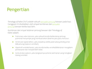 Pengertian
Tetralogy of Fallot (ToF) adalah sebuah penyakit jantung bawaan pada bayi.
Gangguan ini disebabkan oleh empat kombinasi dari penyakit
jantung bawaan ketika bayi lahir.
Kombinasi dari empat kelainan jantung bawaan dari Tetralogy of
Fallot adalah:
 Pulmonary valve stenosis, yaitu sebuah kondisi ketika katup jantung
pulmonal menyempit yang membuat aliran darah ke paru-paru menurun.
 Ventricular septal defect, yaitu terjadinya defek pada lubang dinding antar
bilik jantung (septum ventrikel).
 Hipertrofi ventrikel kanan, yaitu kondisi ketika ventrikel/bilik kanan mengalami
pembesaran dan menjadi lebih tebal.
 Aorta di atas septum, yaitu bergesernya aorta ke arah kanan yang mengikuti
lubang ventrikel.
 