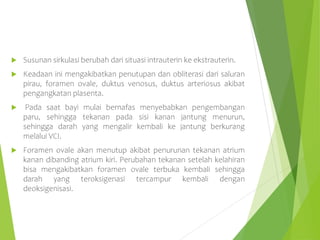  Susunan sirkulasi berubah dari situasi intrauterin ke ekstrauterin.
 Keadaan ini mengakibatkan penutupan dan obliterasi dari saluran
pirau, foramen ovale, duktus venosus, duktus arteriosus akibat
pengangkatan plasenta.
 Pada saat bayi mulai bernafas menyebabkan pengembangan
paru, sehingga tekanan pada sisi kanan jantung menurun,
sehingga darah yang mengalir kembali ke jantung berkurang
melalui VCI.
 Foramen ovale akan menutup akibat penurunan tekanan atrium
kanan dibanding atrium kiri. Perubahan tekanan setelah kelahiran
bisa mengakibatkan foramen ovale terbuka kembali sehingga
darah yang teroksigenasi tercampur kembali dengan
deoksigenisasi.
 