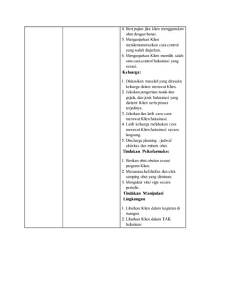 4. Beri pujian jika klien menggunakan
obat dengan benar.
5. Menganjurkan Klien
mendemonstrasikan cara control
yang sudah diajarkan.
6. Menganjurkan Klien memilih salah
satu cara control halusinasi yang
sesuai.
Keluarga:
1. Diskusikan masalah yang dirasakn
keluarga dalam merawat Klien.
2. Jelaskan pengertian tanda dan
gejala, dan jenis halusinasi yang
dialami Klien serta proses
terjadinya.
3. Jelaskan dan latih cara-cara
merawat Klien halusinasi.
4. Latih keluarga melakukan cara
merawat Klien halusinasi secara
langsung.
5. Discharge planning : jadwal
aktivitas dan minum obat.
Tindakan Psikofarmako:
1. Berikan obat-obatan sesuai
program Klien.
2. Memantau kefektifan dan efek
samping obat yang diminum.
3. Mengukur vital sign secara
periodic.
Tindakan Manipulasi
Lingkungan
1. Libatkan Klien dalam kegiatan di
ruangan.
2. Libatkan Klien dalam TAK
halusinasi
 