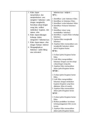 3. Klien dapat
menyebutkan dan
mempraktekan cara
mengntrol halusinasi yaitu
dengan menghardik,
bercakap-cakap dengan
orang lain, terlibat/
melakukan kegiatan, dan
minum obat.
4. Klien dapat dukungan
keluarga dalam
mengontrol halusinasinya.
5. Klien dapat minum obat
dengan bantuan minimal.
6. Mengungkapkan
halusinasi sudah hilang
atau terkontrol
halusinasinya meliputi :
SP I :
1. Identifikasi jenis halusinasi Klien.
2. Identifikasi isi halusinasi Klien.
3. Identifikasi waktu halusinasi Klien.
4. Identifikasi frekuensi halusinasi
Klien.
5. Identifikasi situasi yang
menimbulkan halusinasi.
6. Identifikasi respons Klien terhadap
halusinasi.
7. Ajarkan Klien menghardik
halusinasi.
8. Anjurkan Klien memasukkan cara
menghardik halusinasi dalam
jadwal kegiatan harian.
SP II :
1. Evaluasi jadwal kegiatan harian
Klien.
2. Latih Klien mengendalikan
halusinasi dengan cara bercakap-
cakap dengan orang lain.
3. Anjurkan Klien memasukkan
dalam jadwal kegiatan harian.
SP III :
1. Evaluasi jadwal kegiatan harian
Klien.
2. Latih Klien mengendalikan
halusinasi dengan melakukan
kegiatan (kegiatan yang biasa
dilakukan Klien di rumah).
3. Anjurkan Klien memasukkan
dalam jadwal kegiatan harian
SP IV :
1. Evaluasi jadwal kegiatan harian
Klien.
2. Berikan pendidikan kesehatan
tentang penggunaan obat secara
teratur.
3. Anjurkan Klien memasukkan
dalam jadwal kegiatan harian.
 