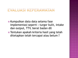  Kumpulkan  data data selama fase
  implementasi seperti : turgor kulit, intake
  dan output, TTV, berat badan dll
 Tentukan apakah kriteria hasil yang telah
  ditetapkan telah tercapai atau belum ?
 