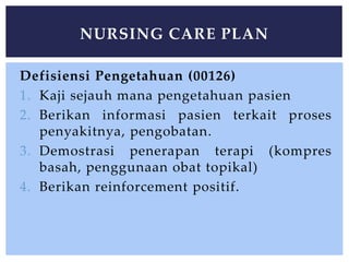 Defisiensi Pengetahuan (00126)
1. Kaji sejauh mana pengetahuan pasien
2. Berikan informasi pasien terkait proses
penyakitnya, pengobatan.
3. Demostrasi penerapan terapi (kompres
basah, penggunaan obat topikal)
4. Berikan reinforcement positif.
NURSING CARE PLAN
 