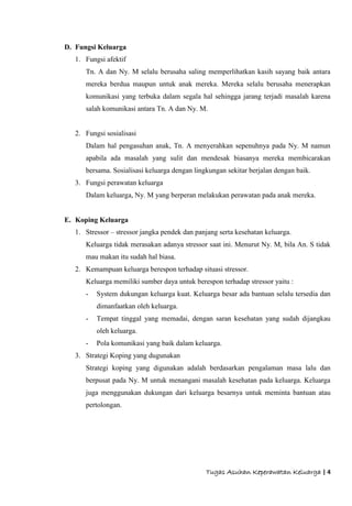 Tugas Asuhan Keperawatan Keluarga | 4
D. Fungsi Keluarga
1. Fungsi afektif
Tn. A dan Ny. M selalu berusaha saling memperlihatkan kasih sayang baik antara
mereka berdua maupun untuk anak mereka. Mereka selalu berusaha menerapkan
komunikasi yang terbuka dalam segala hal sehingga jarang terjadi masalah karena
salah komunikasi antara Tn. A dan Ny. M.
2. Fungsi sosialisasi
Dalam hal pengasuhan anak, Tn. A menyerahkan sepenuhnya pada Ny. M namun
apabila ada masalah yang sulit dan mendesak biasanya mereka membicarakan
bersama. Sosialisasi keluarga dengan lingkungan sekitar berjalan dengan baik.
3. Fungsi perawatan keluarga
Dalam keluarga, Ny. M yang berperan melakukan perawatan pada anak mereka.
E. Koping Keluarga
1. Stressor – stressor jangka pendek dan panjang serta kesehatan keluarga.
Keluarga tidak merasakan adanya stressor saat ini. Menurut Ny. M, bila An. S tidak
mau makan itu sudah hal biasa.
2. Kemampuan keluarga berespon terhadap situasi stressor.
Keluarga memiliki sumber daya untuk berespon terhadap stressor yaitu :
- System dukungan keluarga kuat. Keluarga besar ada bantuan selalu tersedia dan
dimanfaatkan oleh keluarga.
- Tempat tinggal yang memadai, dengan saran kesehatan yang sudah dijangkau
oleh keluarga.
- Pola komunikasi yang baik dalam keluarga.
3. Strategi Koping yang dugunakan
Strategi koping yang digunakan adalah berdasarkan pengalaman masa lalu dan
berpusat pada Ny. M untuk menangani masalah kesehatan pada keluarga. Keluarga
juga menggunakan dukungan dari keluarga besarnya untuk meminta bantuan atau
pertolongan.
 